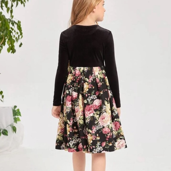 Girls Floral Print Big Bow Front Combo Dress - Picture 3 of 3